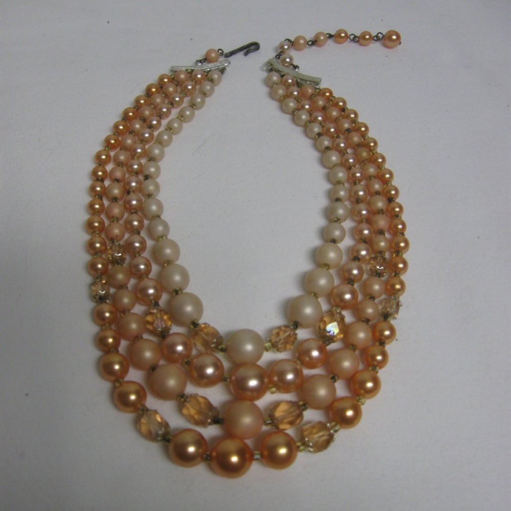 Vintage Peach Ombre Pearl & Crystal 4 Strand Bib Necklace Retro